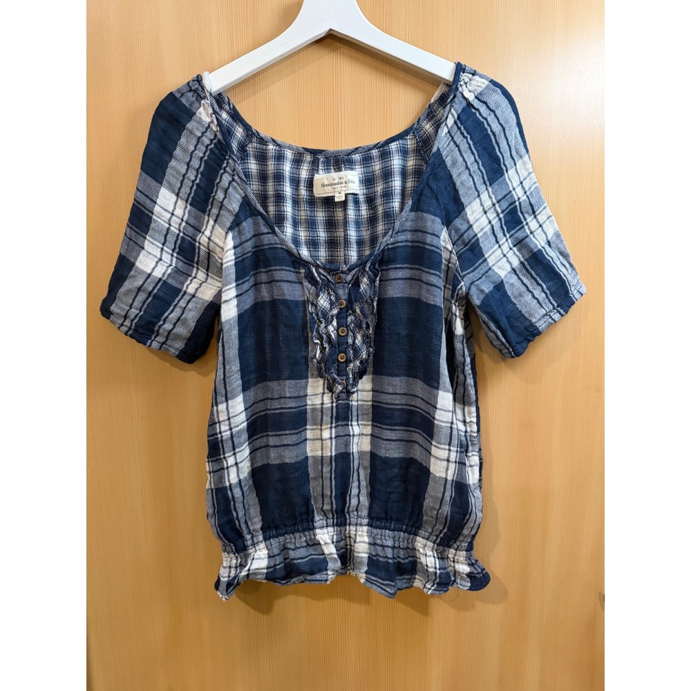 Abercrombie & Fitch Navy Blue White Plaid Ruffle Button Front Smocked Blouse M